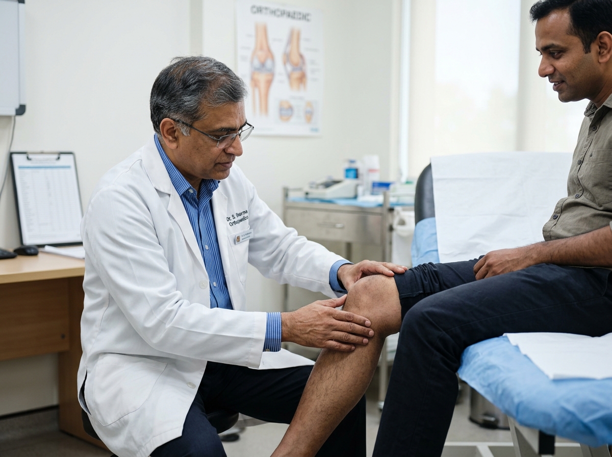 Orthopaedic specialist examining knee joint for meniscal tenderness