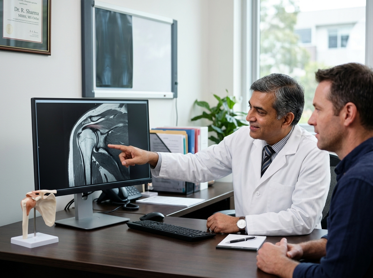 Orthopaedic specialist reviewing shoulder MRI scan with patient
